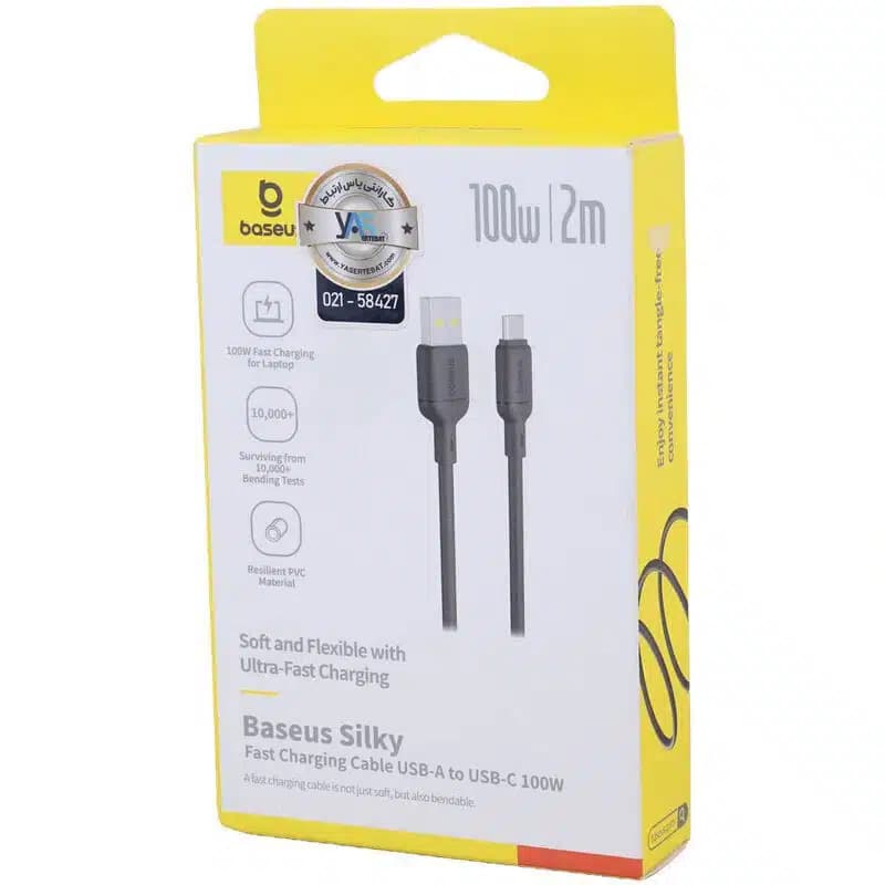 کابل تایپ سی فست شارژ 100 وات باسئوس Silky P10377703113 طول 2 متر — تصویر ۳