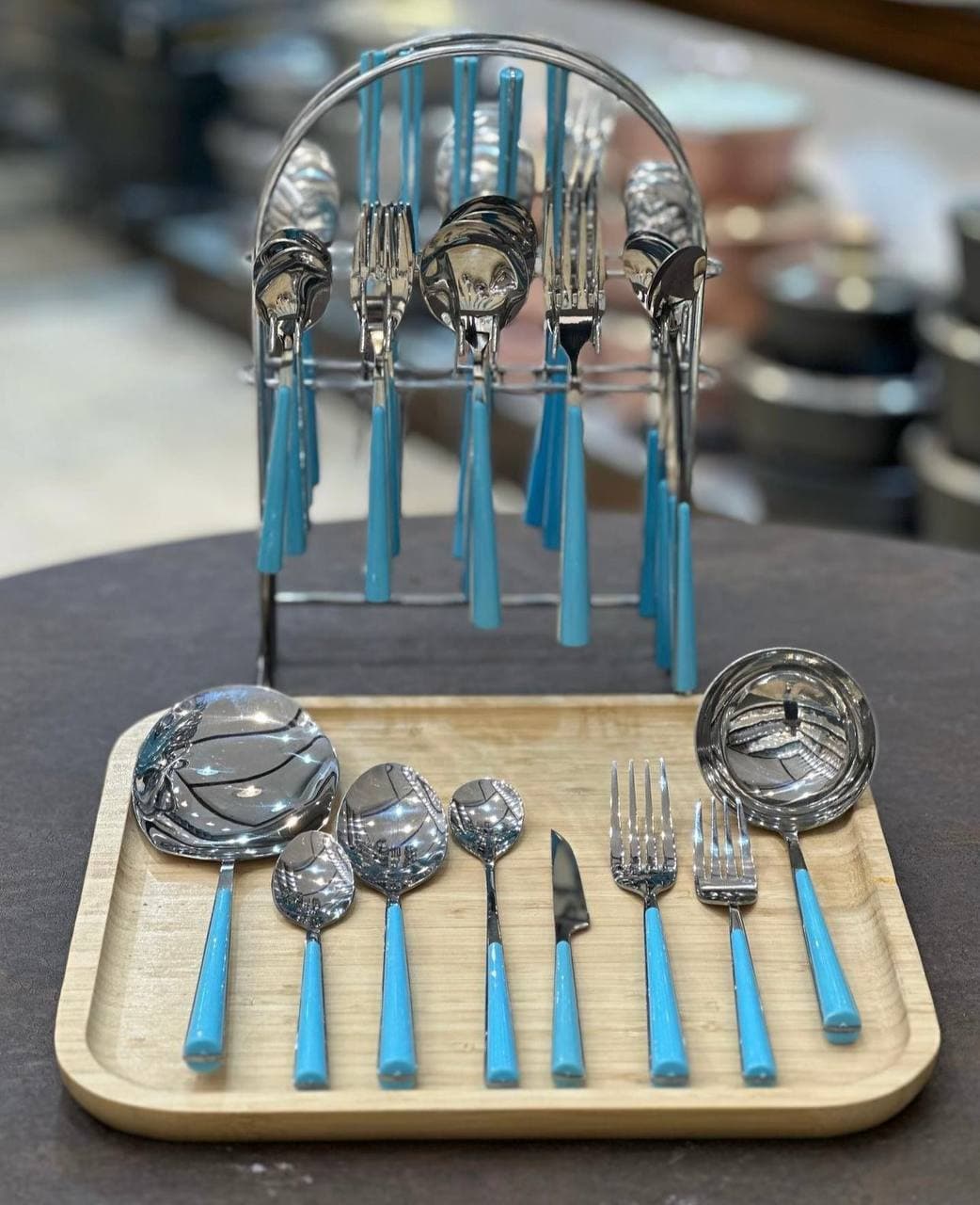 قاشق چنگال استنددار 6 نفره دسته آبی استارمکس کد K5 — تصویر ۲