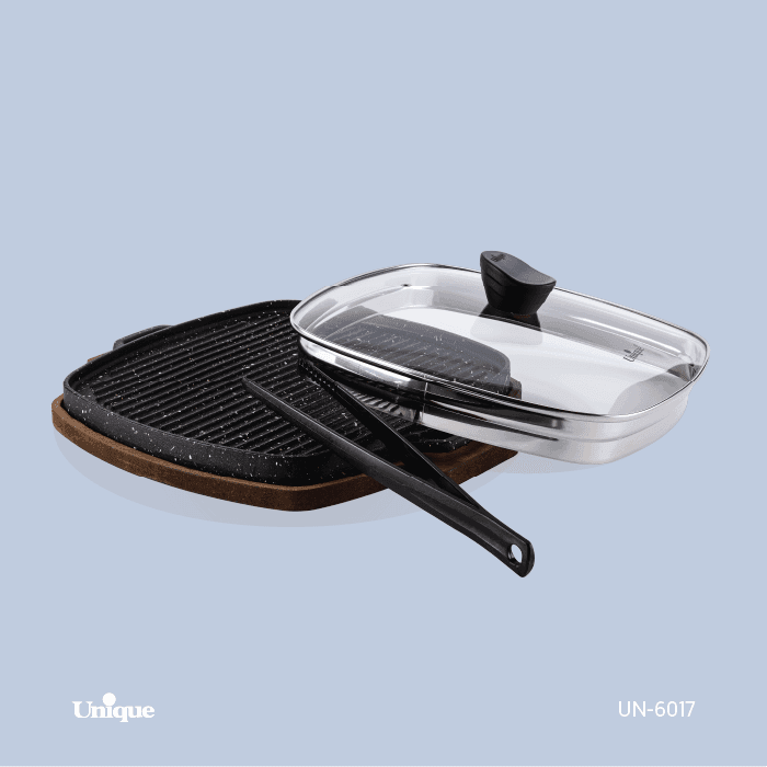 تابه گریل چدنی مربع سایز 32 یونیک درب دار با سینی چوبی کد UN-6017 — تصویر ۱۰