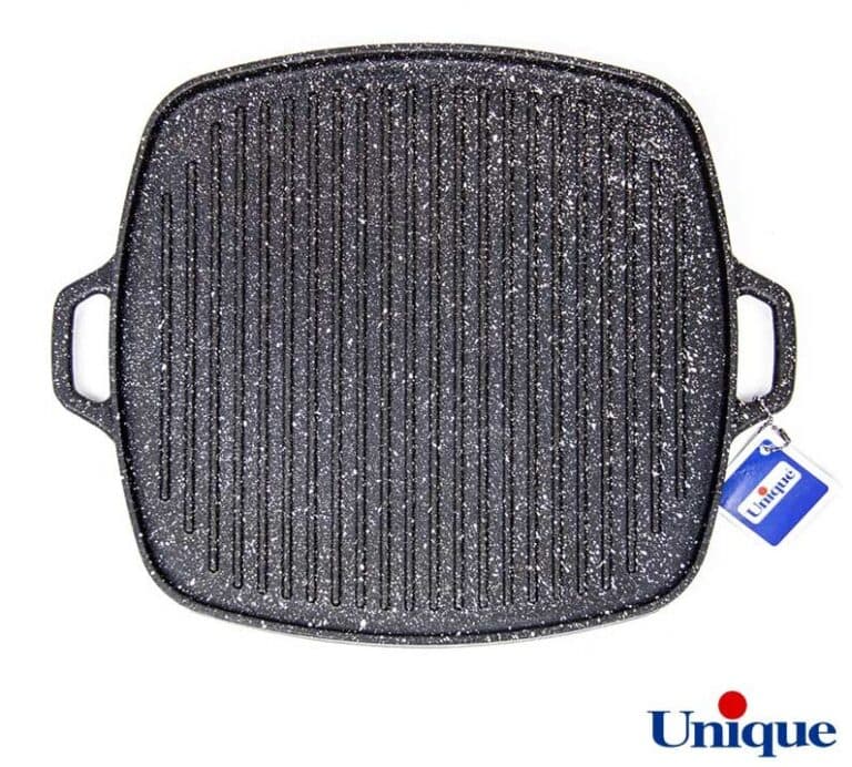 تابه گریل چدنی مربع سایز 32 یونیک درب دار با سینی چوبی کد UN-6017 — تصویر ۱۲