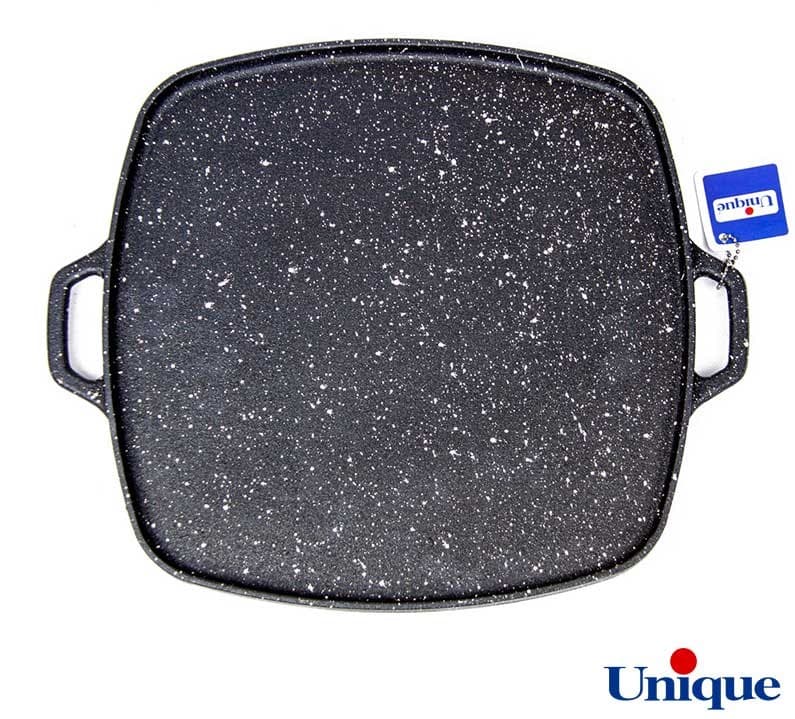 تابه گریل چدنی مربع سایز 32 یونیک درب دار با سینی چوبی کد UN-6017 — تصویر ۸