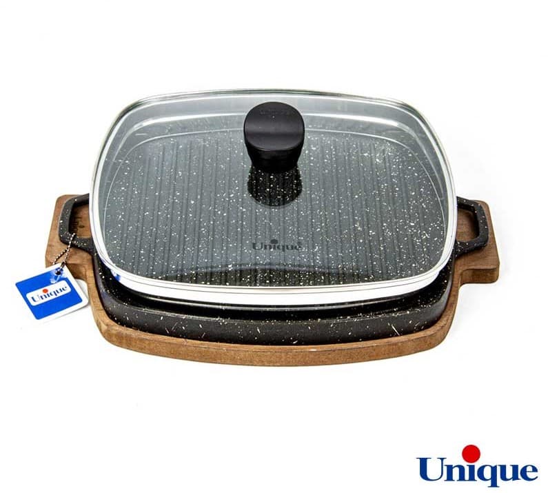تابه گریل چدنی مربع سایز 32 یونیک درب دار با سینی چوبی کد UN-6017 — تصویر ۲