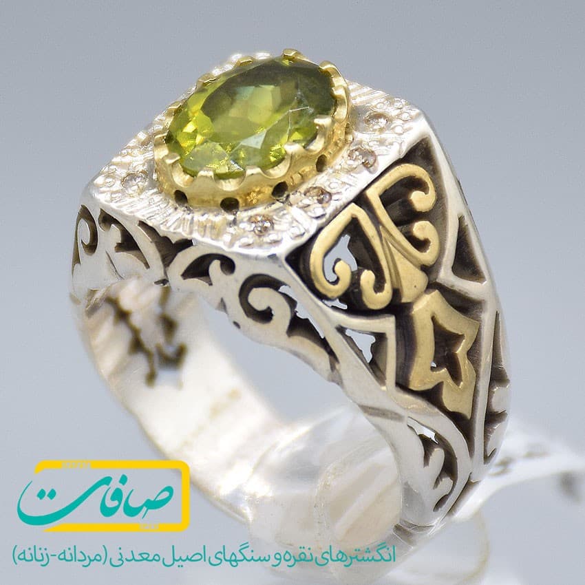 انگشتر زبرجد تراشدار دارای 8 عدد الماس مردانه «کد 2944» — تصویر ۶