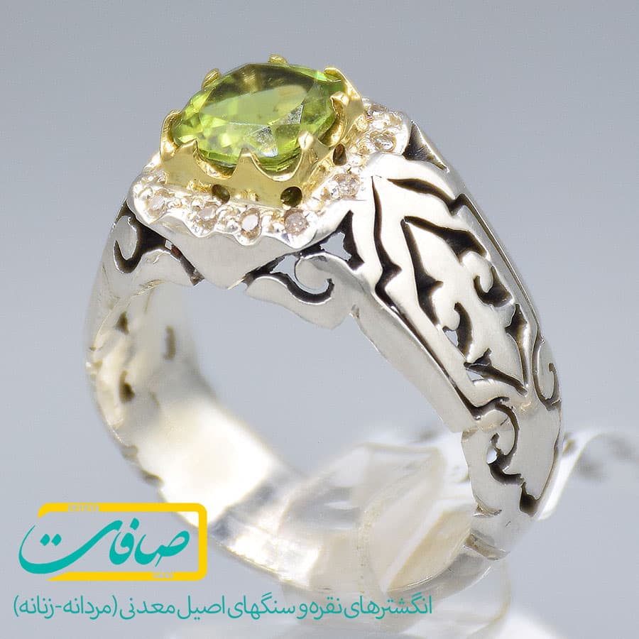 انگشتر زبرجد تراشدار دارای 12 عدد الماس مردانه «کد 2943»