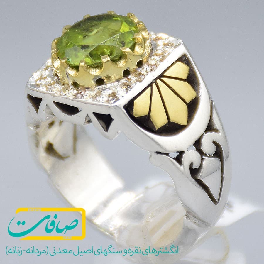 انگشتر زبرجد تراشدار دارای 20 عدد الماس مردانه «کد 2913»