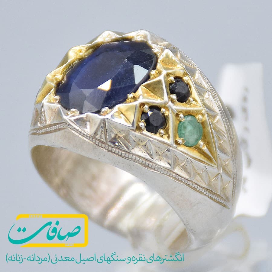 انگشتر چند نگین شامل یاقوت کبود و زمرد مردانه «کد 2849» — تصویر ۶