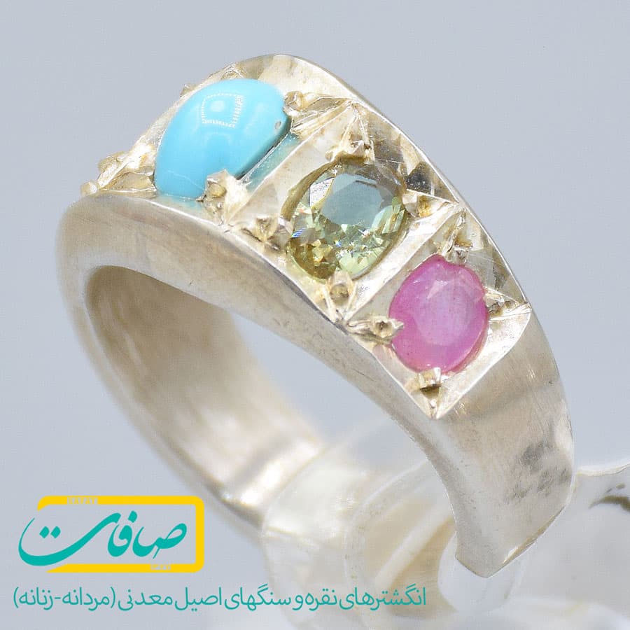 انگشتر چند نگین شامل فیروزه، الکساندرایت، یاقوت قرمز، زمرد و زبرجد مردانه «کد 2832» — تصویر ۶