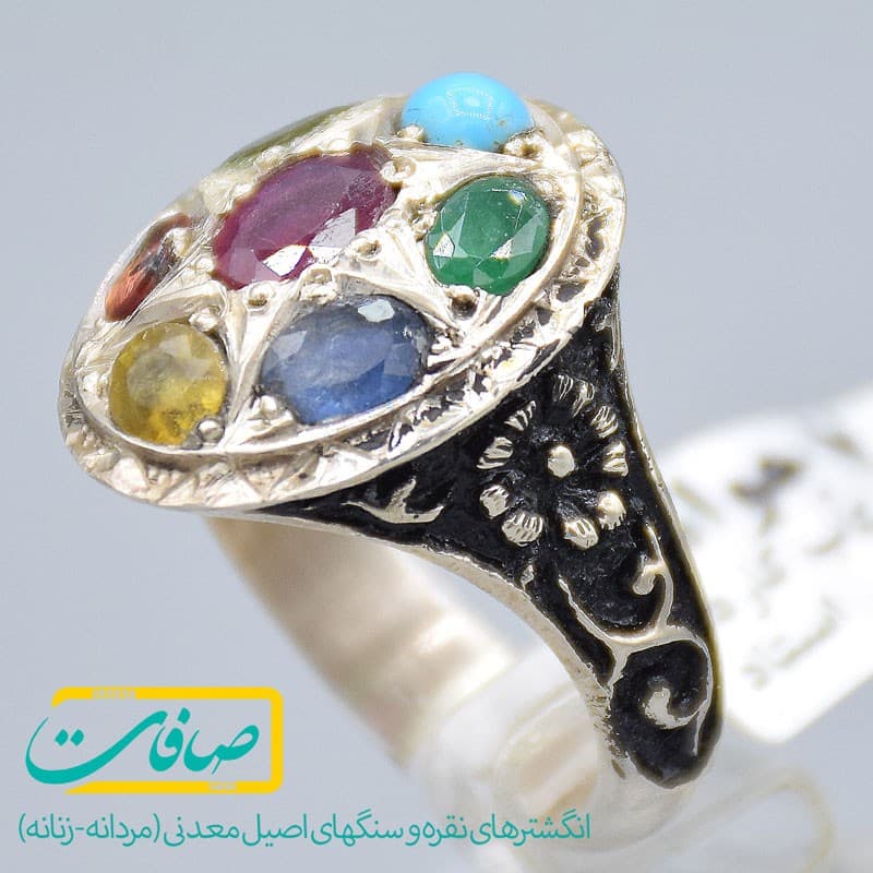 انگشتر چند نگین شامل یاقوت، زمرد، زبرجد و فیروزه مردانه «کد2821» — تصویر ۶