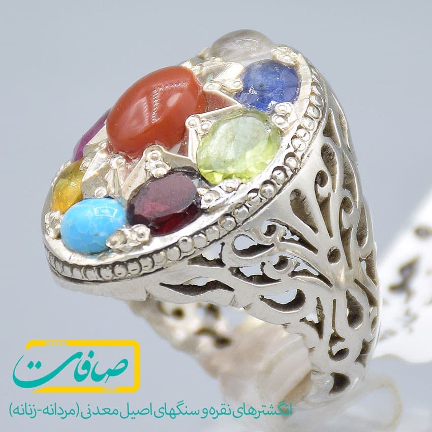 انگشتر چند نگین شامل عقیق، فیروزه، یاقوت، در نجف، زمرد و زبرجد مردانه «کد 2828» — تصویر ۶