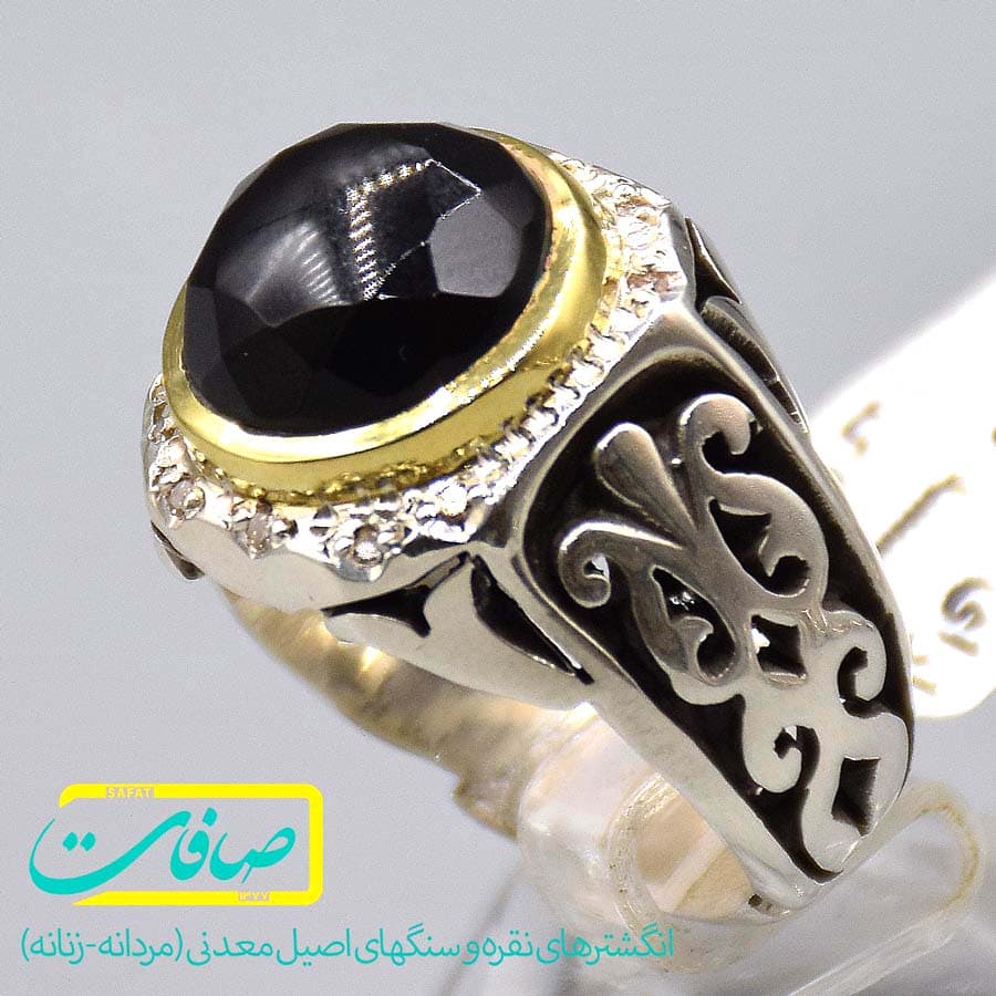 انگشتر عقیق مشکی یمنی با 10 عدد الماس مردانه «کد 2613» — تصویر ۶