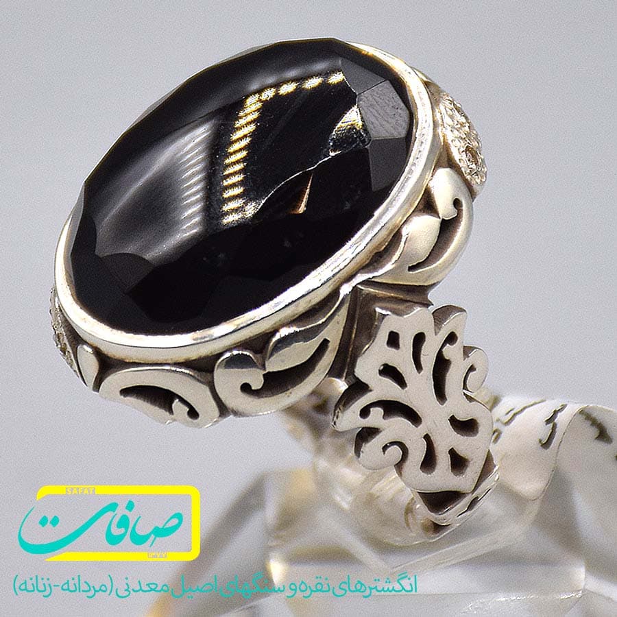انگشتر عقیق مشکی یمنی تراشدار با 4 عدد الماس مردانه «کد 2595»