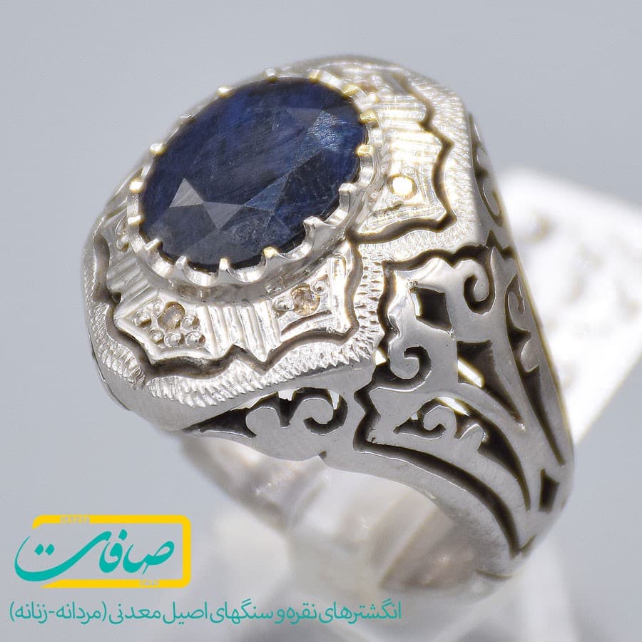 انگشتر یاقوت کبود اصل با 6 عدد الماس مردانه «کد 2441» — تصویر ۶
