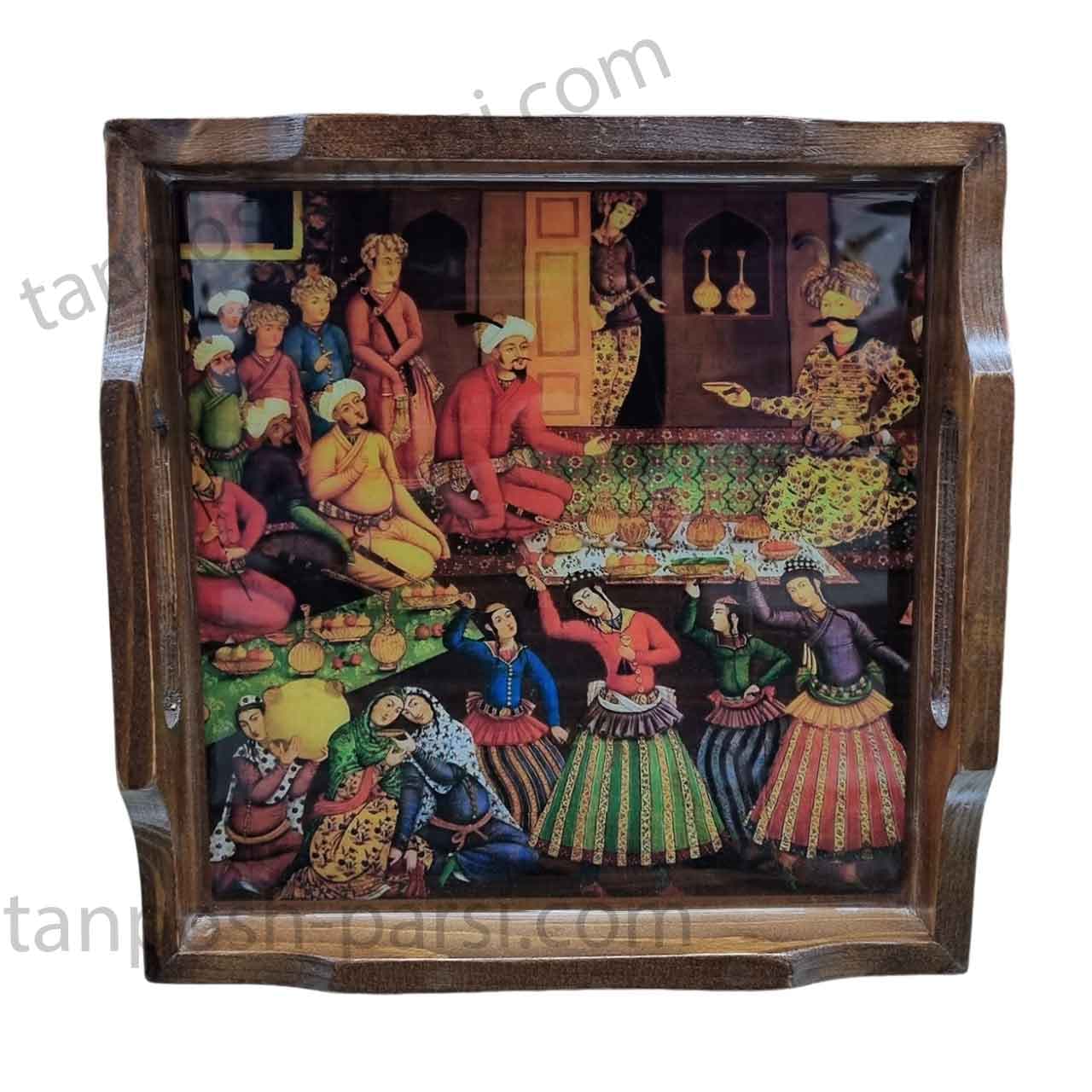 سینی چوبی مربع 20 در 20 طرح بزم صفوی
