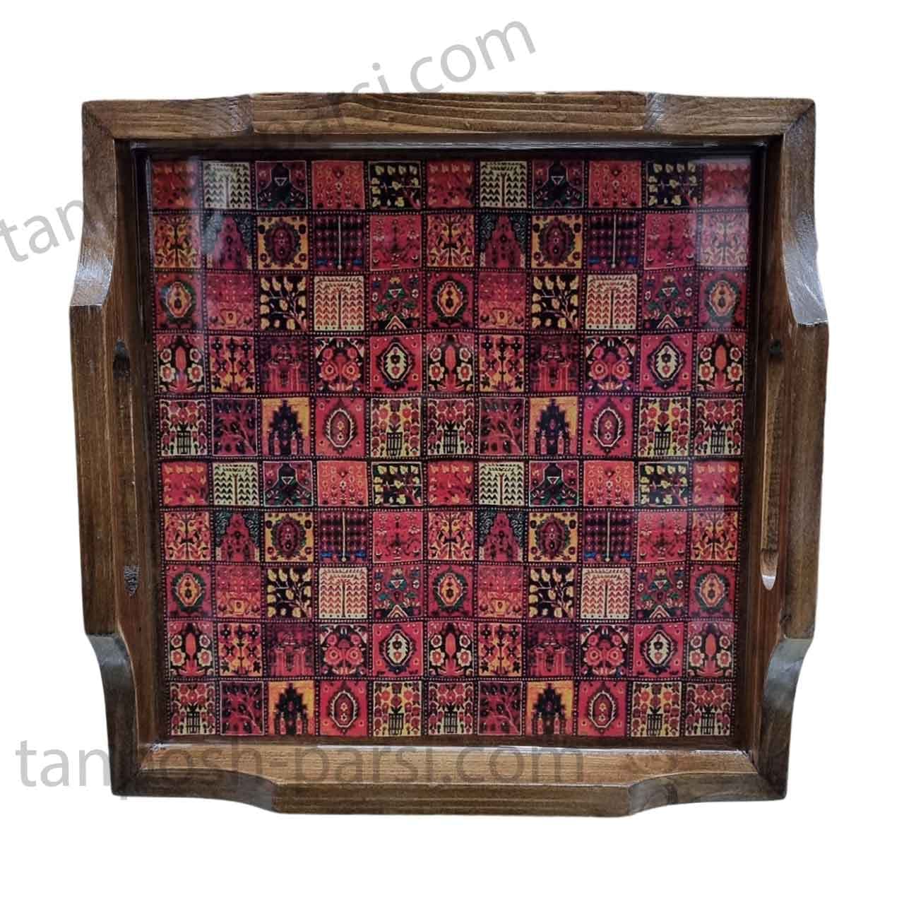 سینی چوبی مربع 30 در 30 سانت طرح قالیچه چهل تکه