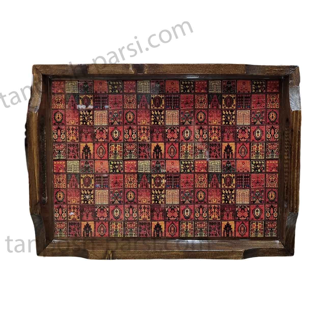 سینی چوبی مستطیل 27 در 37 سانت طرح قالیچه چهل تکه