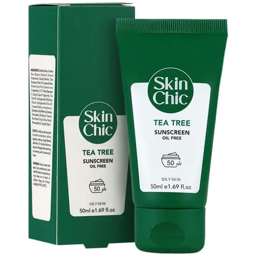 کرم ضد آفتاب SPF50 بدون رنگ اسکین شیک حاوی عصاره درخت چای ‌مناسب پوست چرب حجم 50 میلی‌لیتر