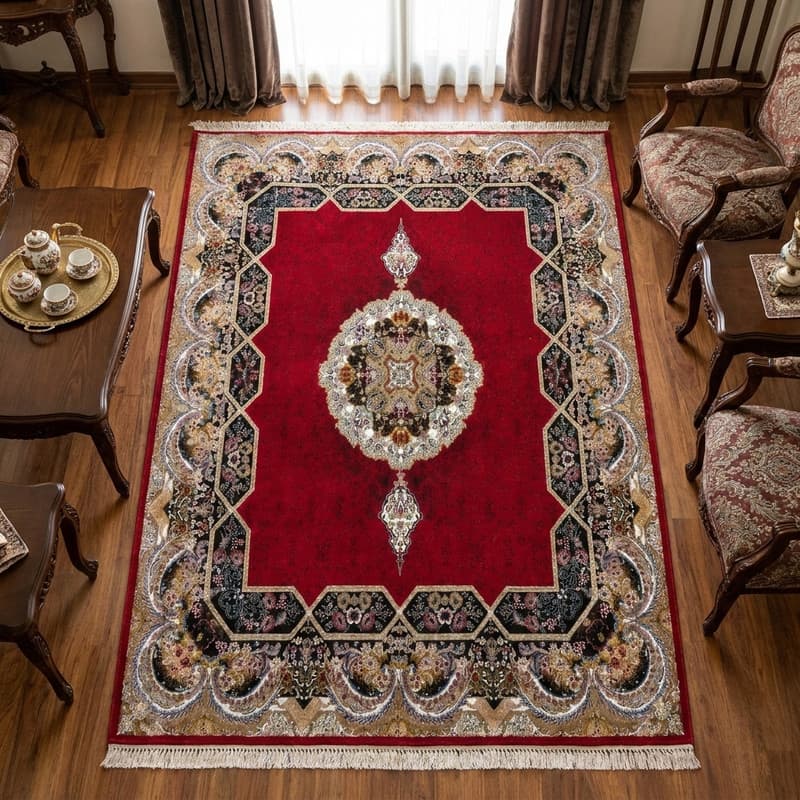 فرش ماشینی 500 شانه زمینه قرمز لاکی حاشیه مشکی سفید کرم مدل 356281 — تصویر ۵