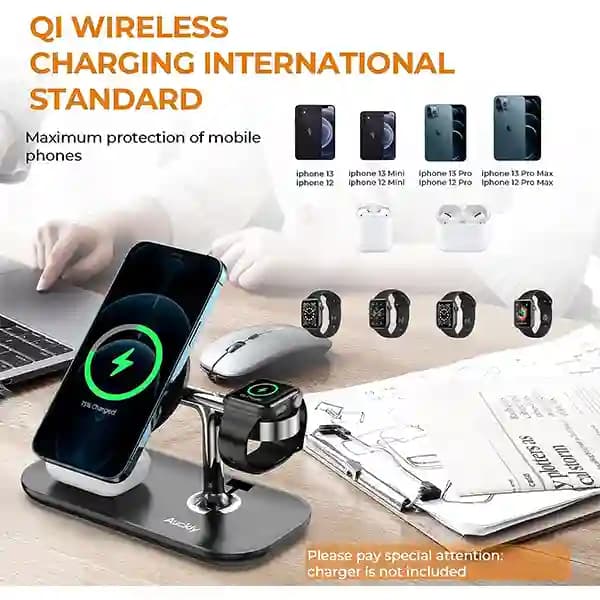 پایه نگهدارنده و شارژر وایرلس مغناطیسی رومیزی Auckly 3 in 1 Qi 15W — تصویر ۸