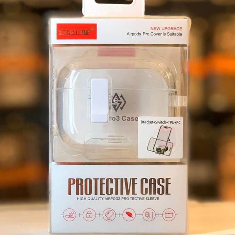 کاور شفاف استنددار کیس ایرپاد پرو 3 (Airpods Pro 3) برند StopTime همراه با قفل محافظ سفید
