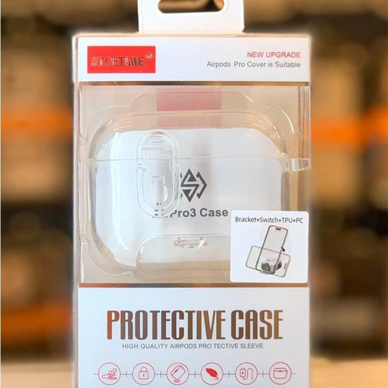 کاور شفاف استنددار کیس ایرپاد پرو 3 (Airpods Pro 3) برند StopTime همراه با قفل محافظ