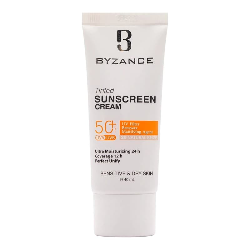 کرم ضد آفتاب +SPF50 بیزانس مناسب پوست خشک و حساس 40 میلی لیتر بژ طبیعی شماره 20