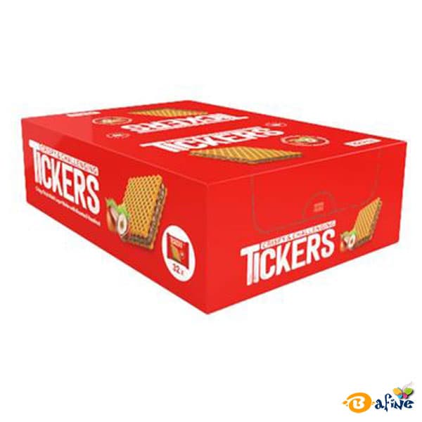 ویفر کاکائویی فندقی با تکه های فندق تیکرز 22 گرم (بسته 32 عددی)