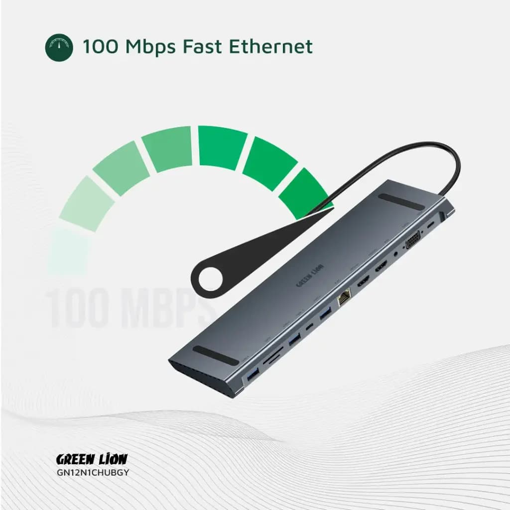 هاب تایپ سی 12 پورت 100 وات گرین لاین Green Lion 12 in 1 4K HDMI Ethernet USB-C Hub — تصویر ۹