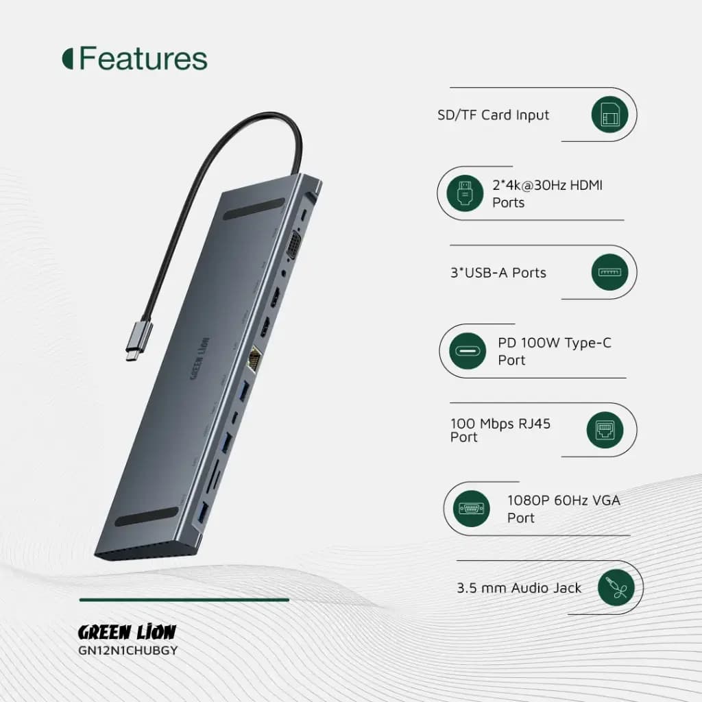 هاب تایپ سی 12 پورت 100 وات گرین لاین Green Lion 12 in 1 4K HDMI Ethernet USB-C Hub — تصویر ۱۱