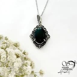 گردنبند نقره 925 عیار سیاه قلم سنگ عقیق سبز کد 22419 — تصویر ۳