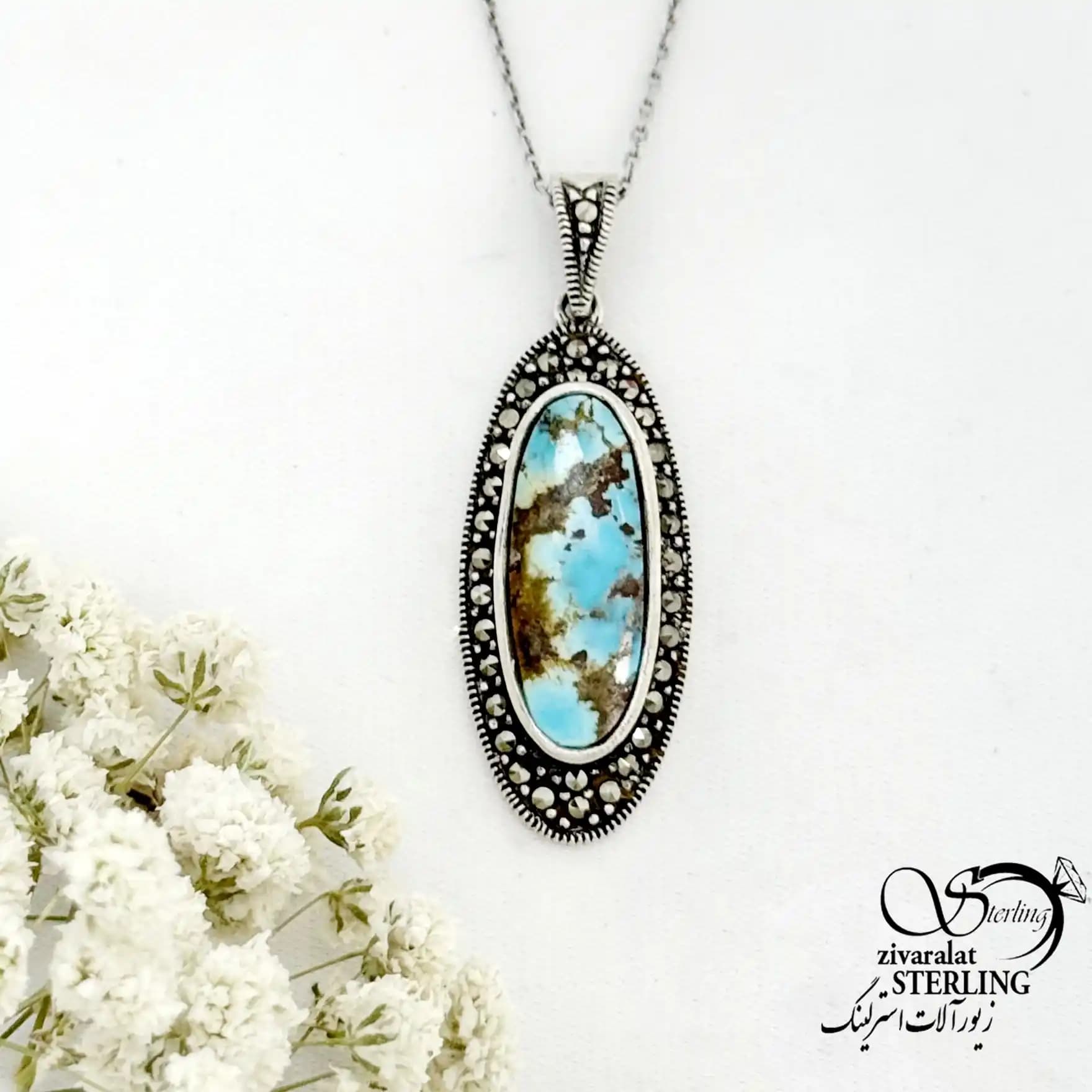 گردنبند نقره فیروزه (سیاه قلم) کد 22420