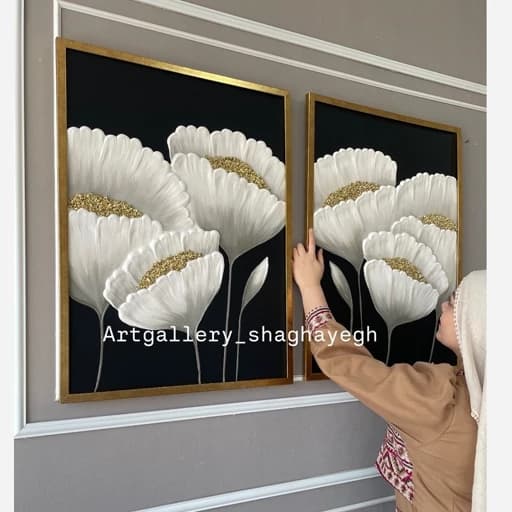 تابلو نقاشی گل برجسته دو تکه سفید مشکی طلایی — تصویر ۲