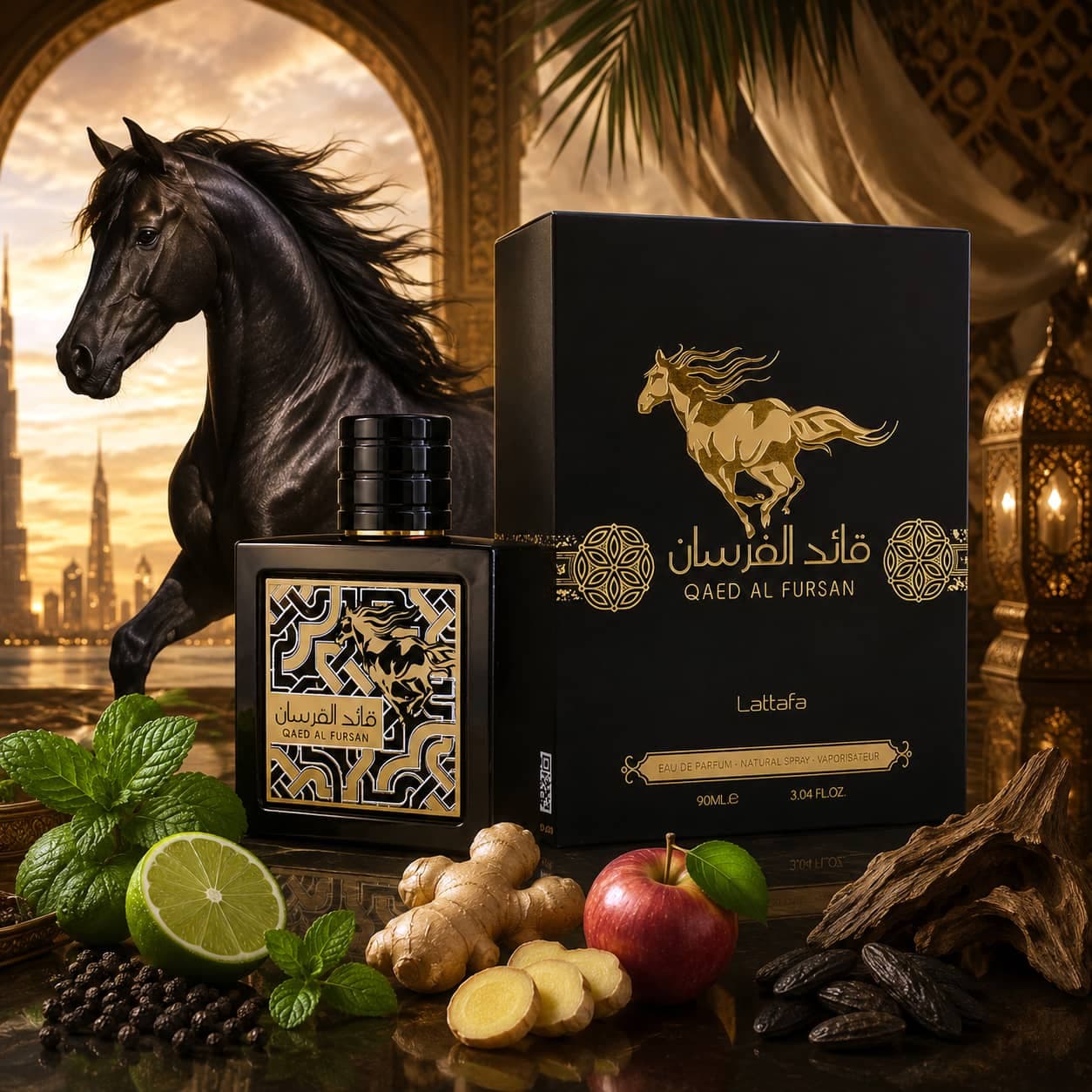 عطر ادکلن عربی زنانه مردانه قائد الفرسان لطافه رایحه پاکو رابان بلک ایکس اس (Lattafa Qaed Al Fursan) حجم 90 میل — تصویر ۷