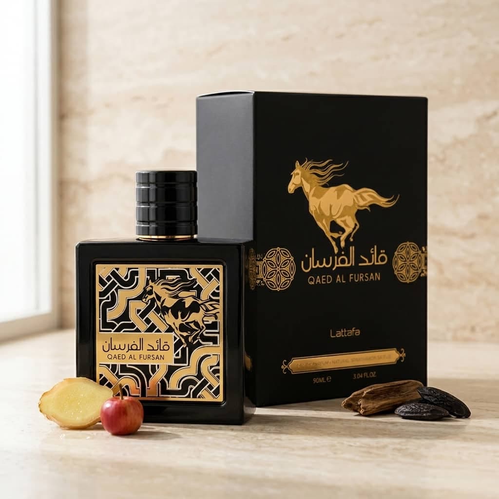عطر ادکلن عربی زنانه مردانه قائد الفرسان لطافه رایحه پاکو رابان بلک ایکس اس (Lattafa Qaed Al Fursan) حجم 90 میل — تصویر ۴