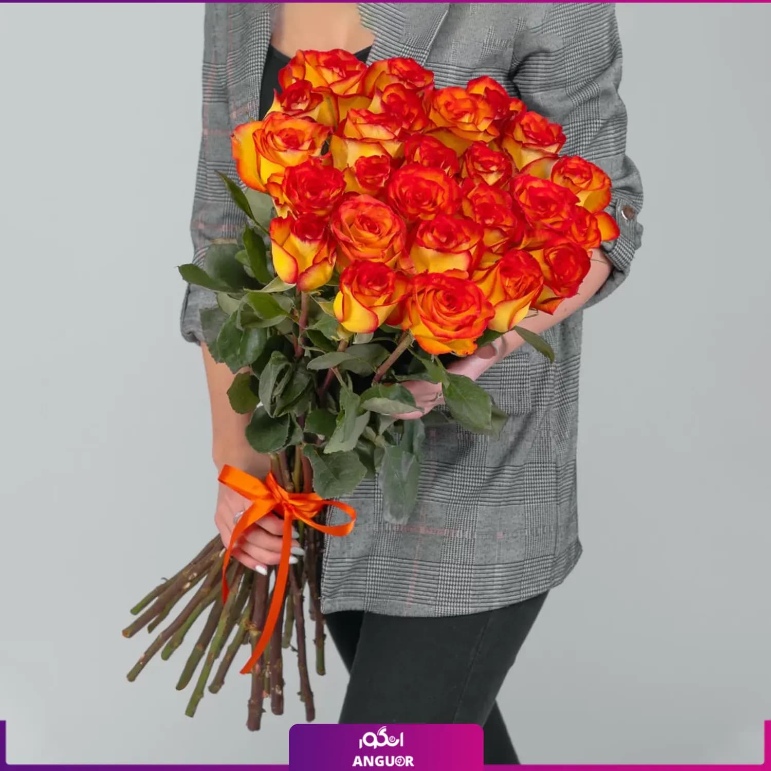 دسته گل رز نارنجی 25 شاخه 70 سانتی