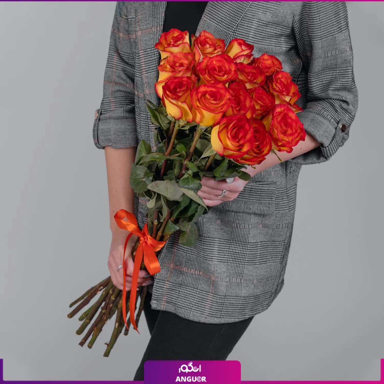 دسته گل رز نارنجی 15 شاخه 70 سانتی