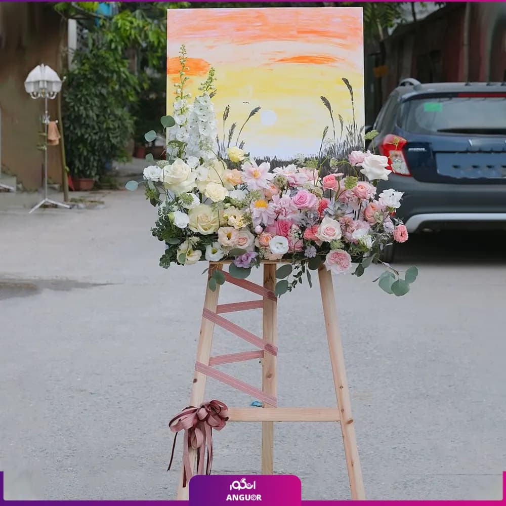 پایه گل تبریک با بوم نقاشی طلوع