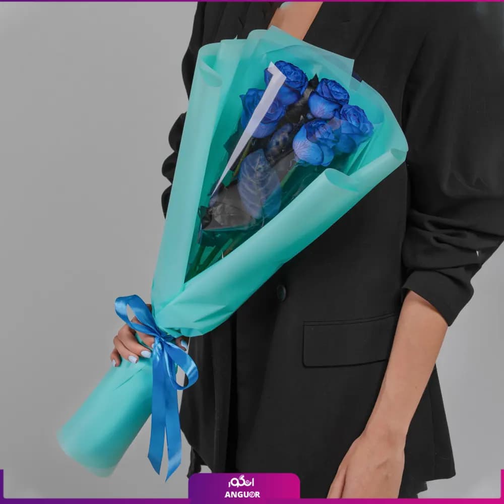 دسته گل رز آبی 5 شاخه 70 سانتی