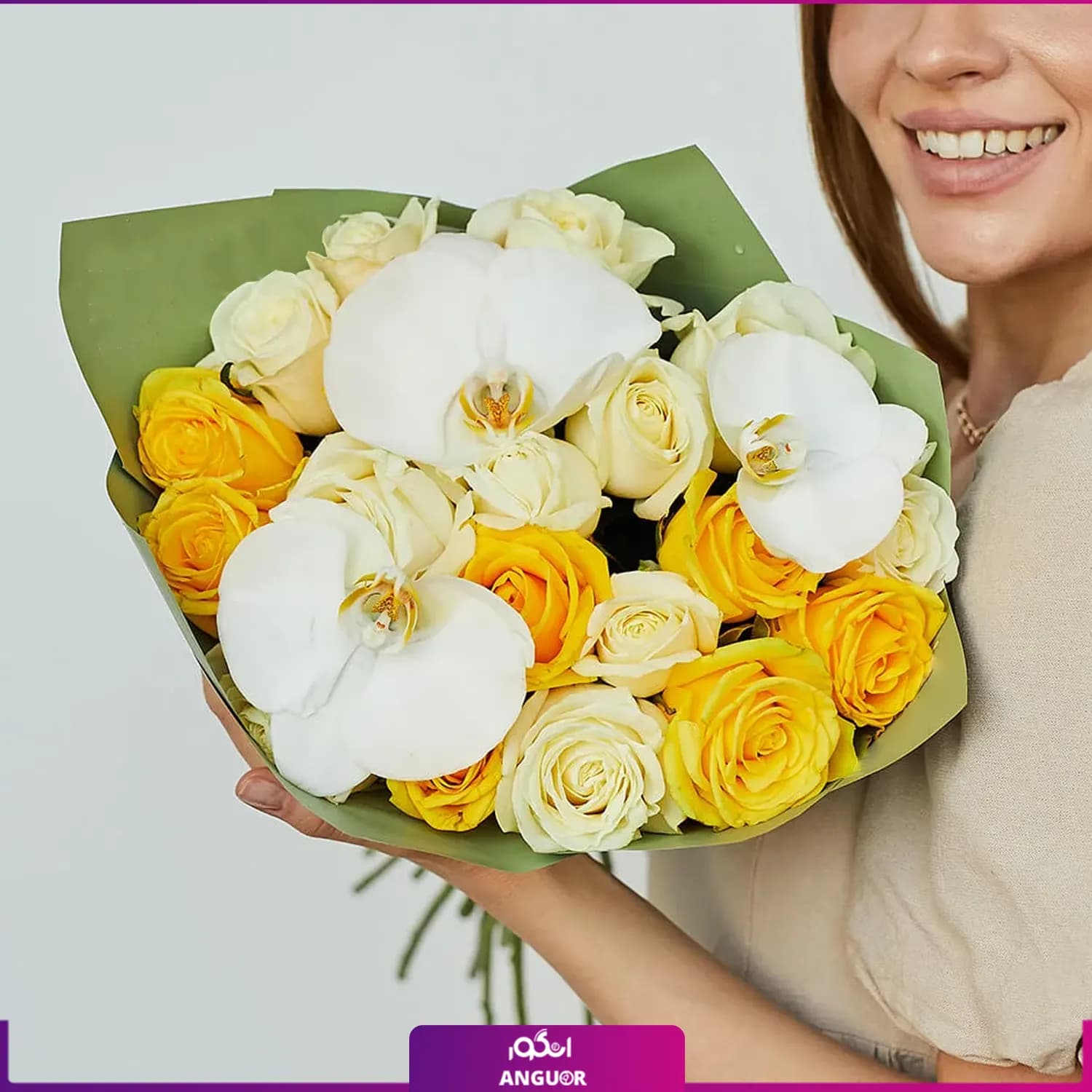 دسته گل رز زرد و ارکیده سفید — تصویر ۲