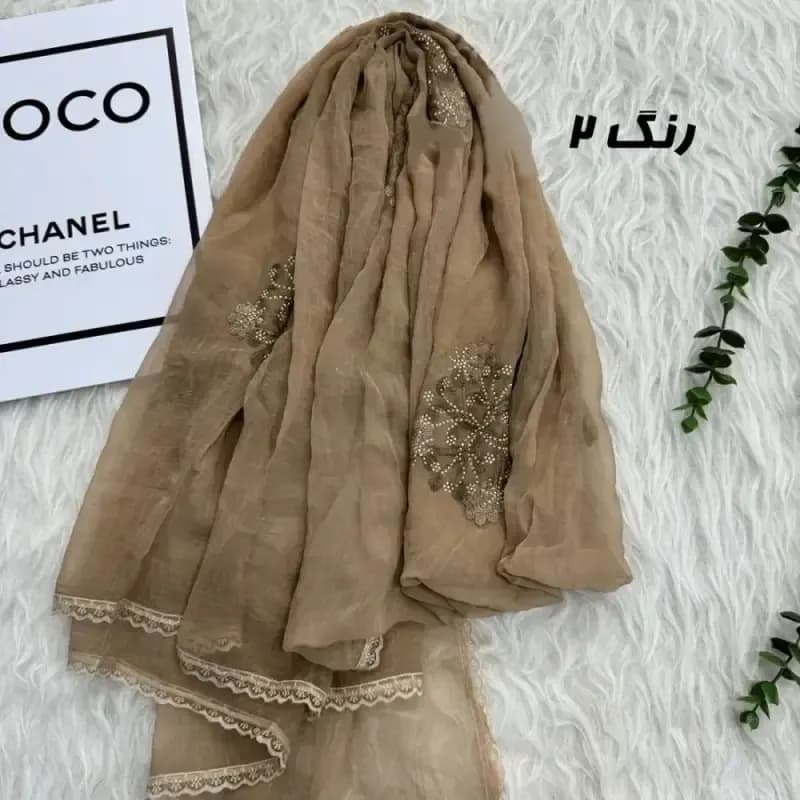 شال وارداتی مجلسی نگینی حریر دانتل — تصویر ۹
