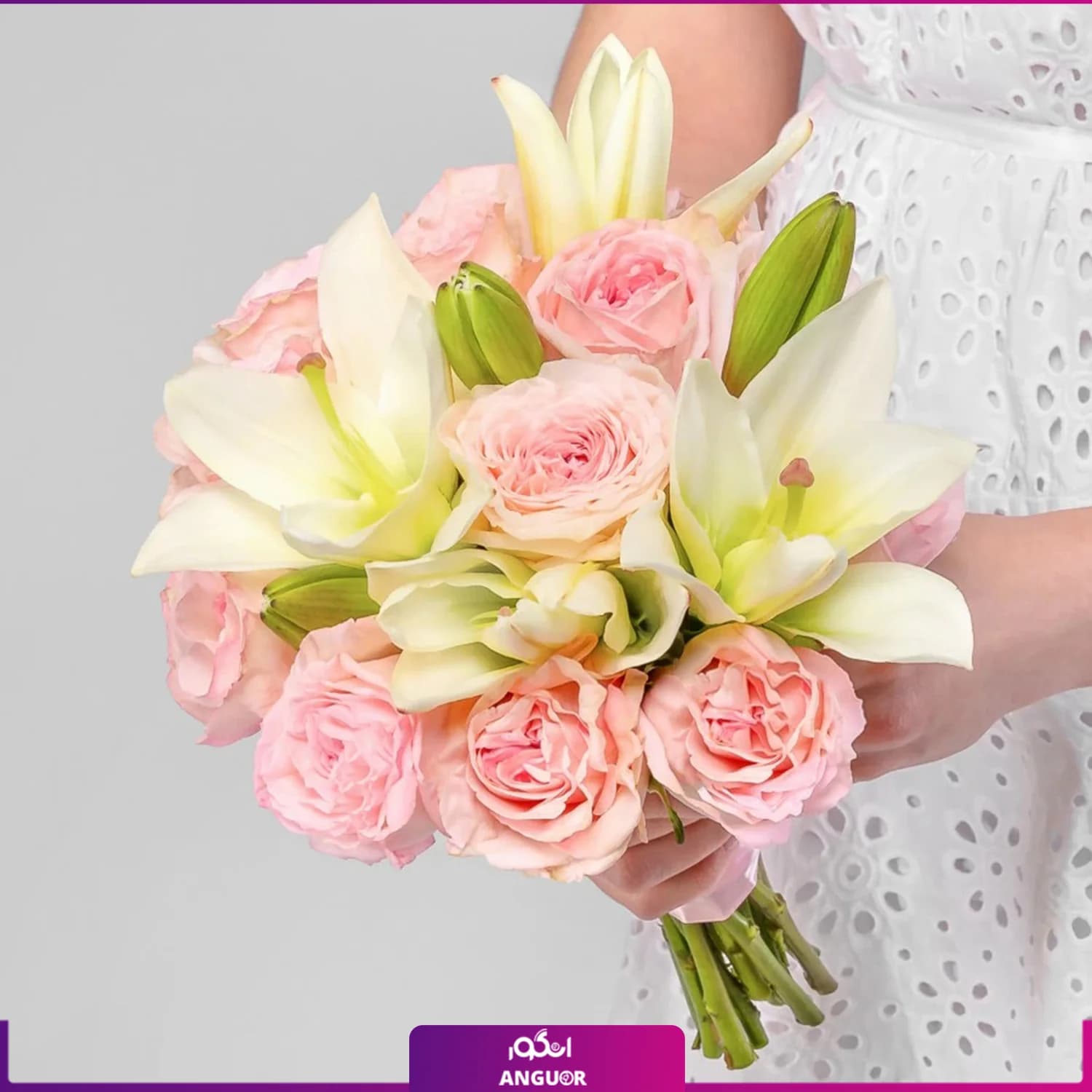 دسته گل فرمالیته عروس (رز صورتی و لیلیوم)