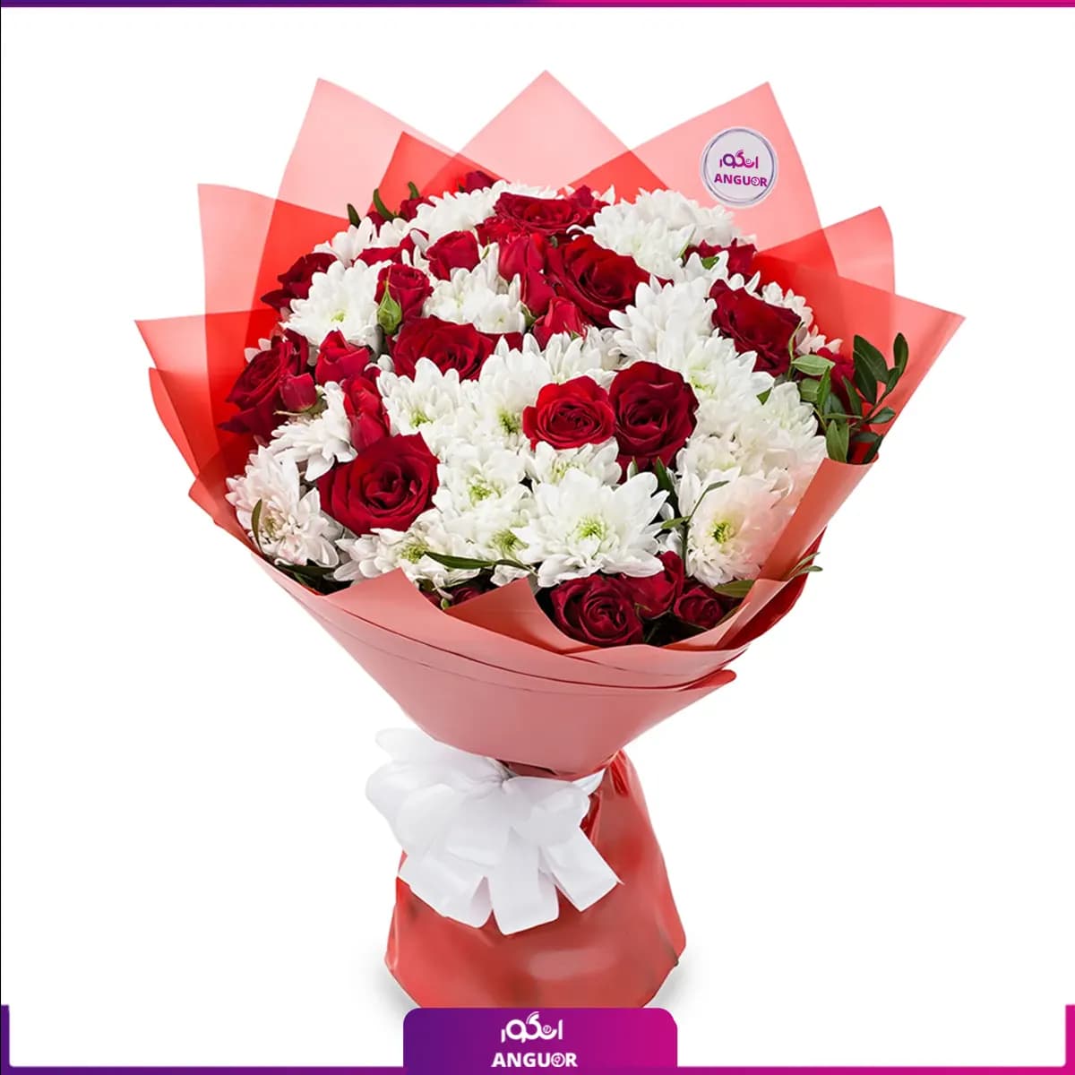 دسته گل داوودی سفید و رز قرمز