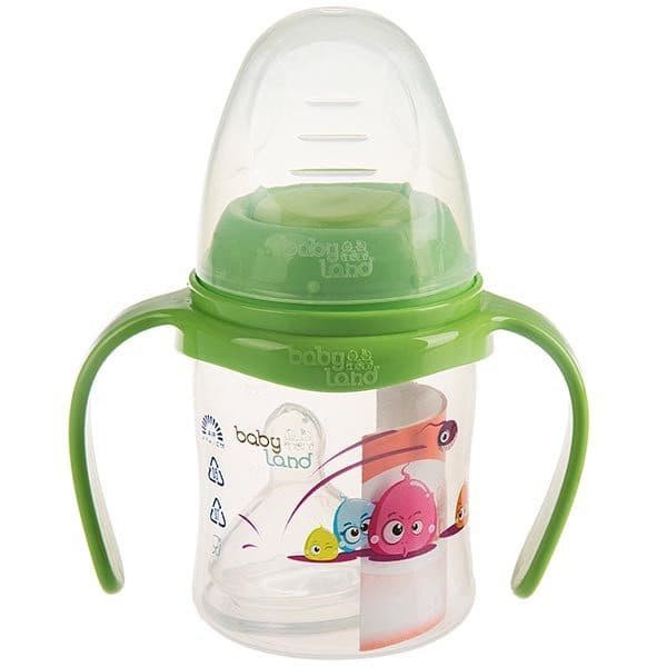 شیشه شیر دهانه طلقی عریض ارتودنسی 150 میل دسته دار 0-6 ماه بی بی لند babyland کد 408 — تصویر ۱۰