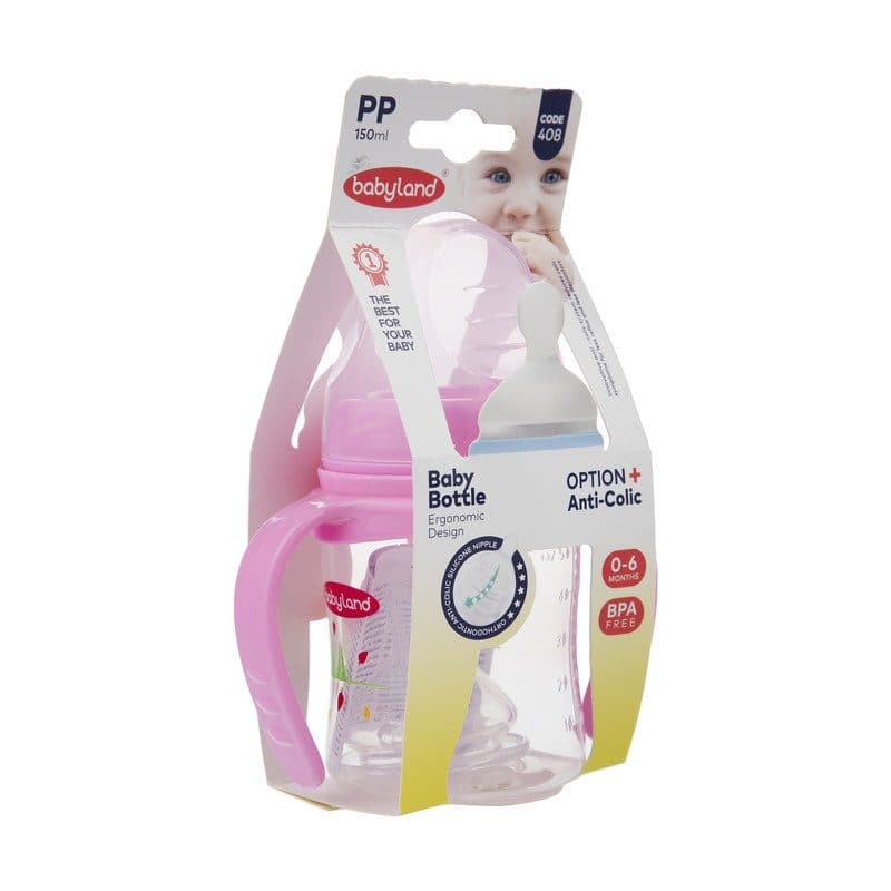 شیشه شیر دهانه طلقی عریض ارتودنسی 150 میل دسته دار 0-6 ماه بی بی لند babyland کد 408 — تصویر ۱۱
