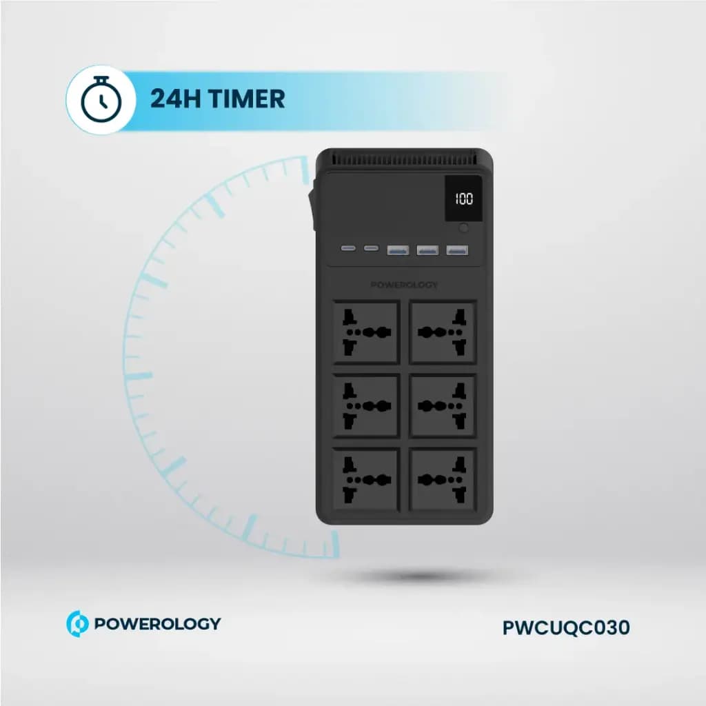چندراهی برق تایمر دار با کابل متصل پاورولوژی Powerology 2500W 6AC Power Strip with Built-In Retractable Cables PWCUQC030 — تصویر ۷