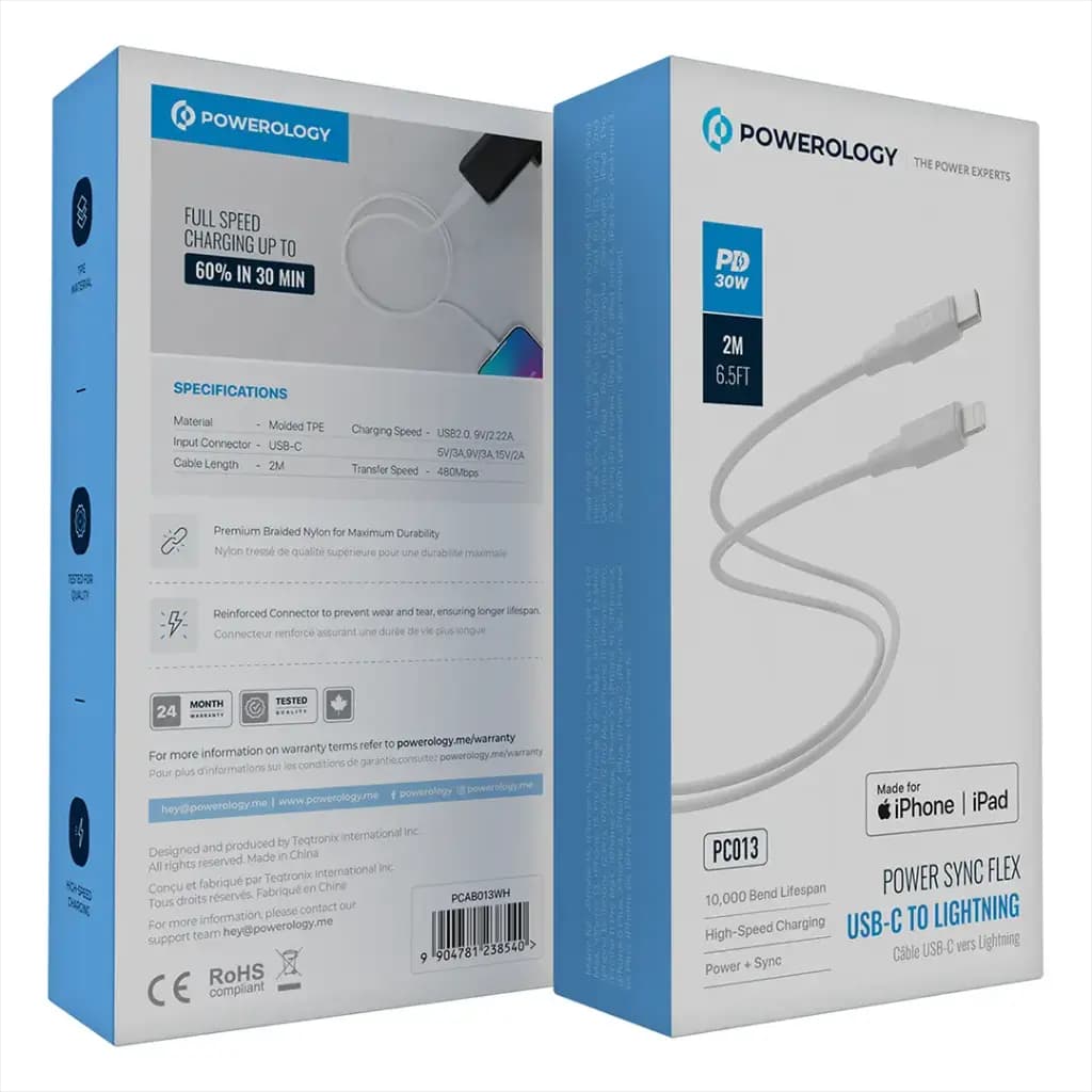 کابل USB-C به لایتنینگ پاورولوژی مدل PCAB013WH Power Sync Flex طول 2 متر با پشتیبانی از PD 60W دارای تاییدیه MFI اپل — تصویر ۲