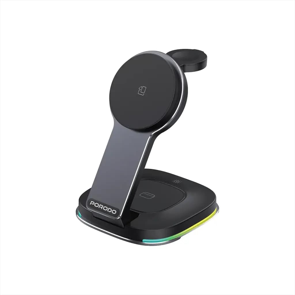 استند شارژ وایرلس مگ سیف RGB دار سه منظوره پرودو مدل Porodo compact folding FWC063
