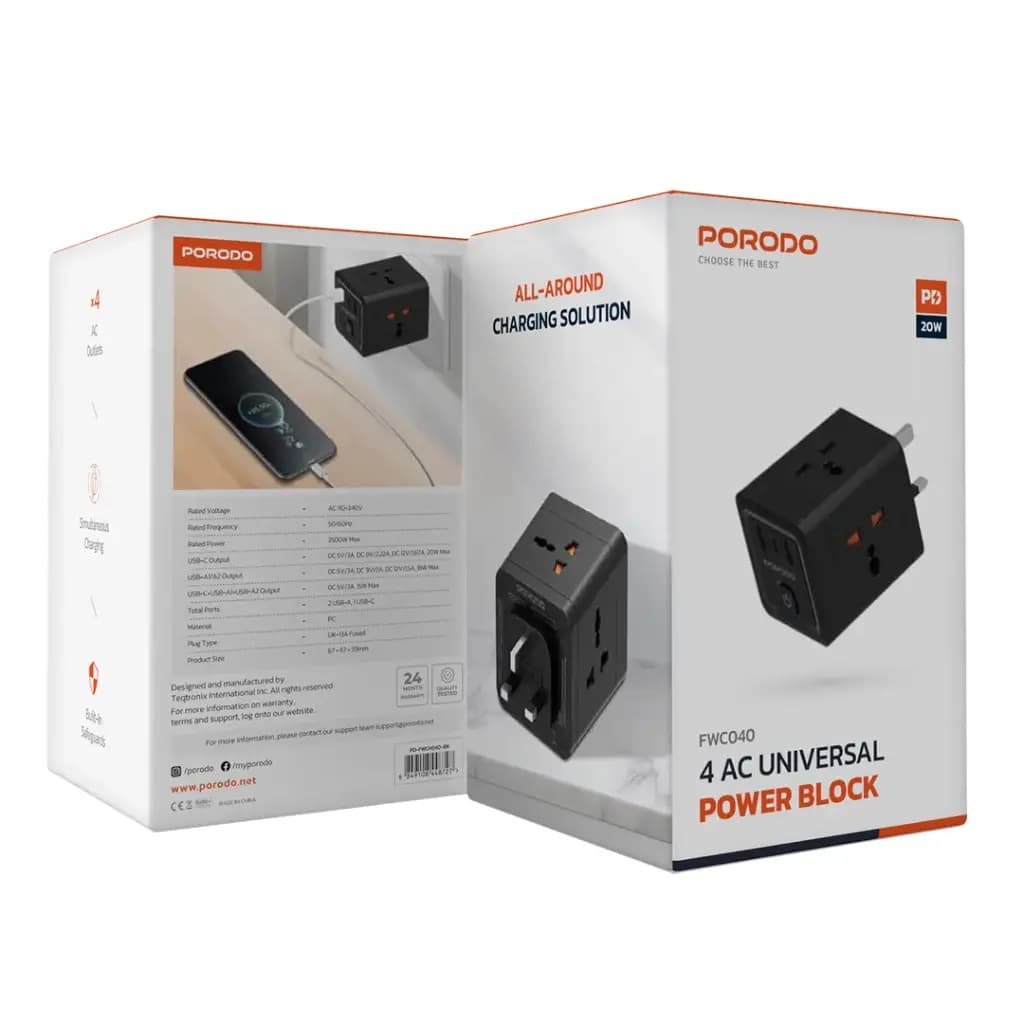 شارژر دیواری پرودو 4AC Universal Power مدل PD-FWCH040-BK — تصویر ۵