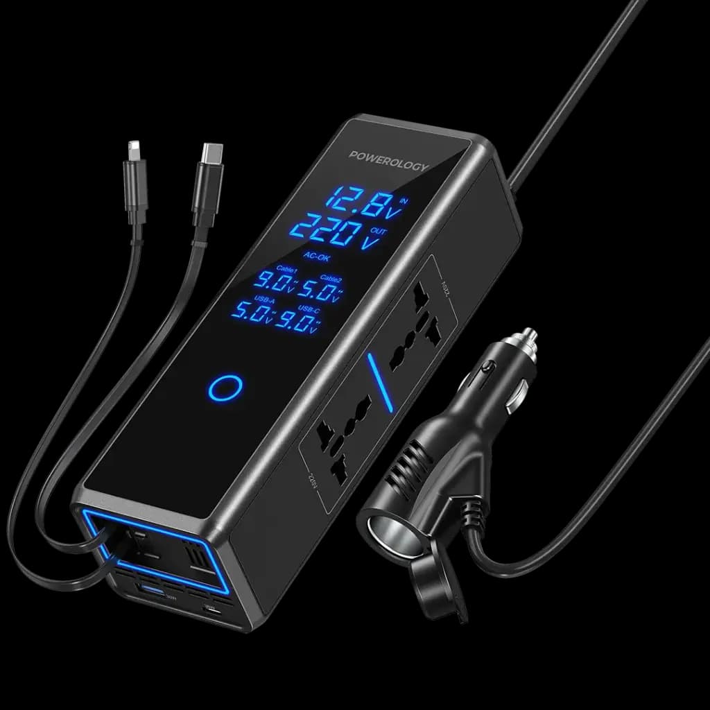 اینورتر فندکی خودرو 300 واتی پاورولوژی با صفحه نمایش با کابل جمع شونده مدل Powerology PWCPI300W