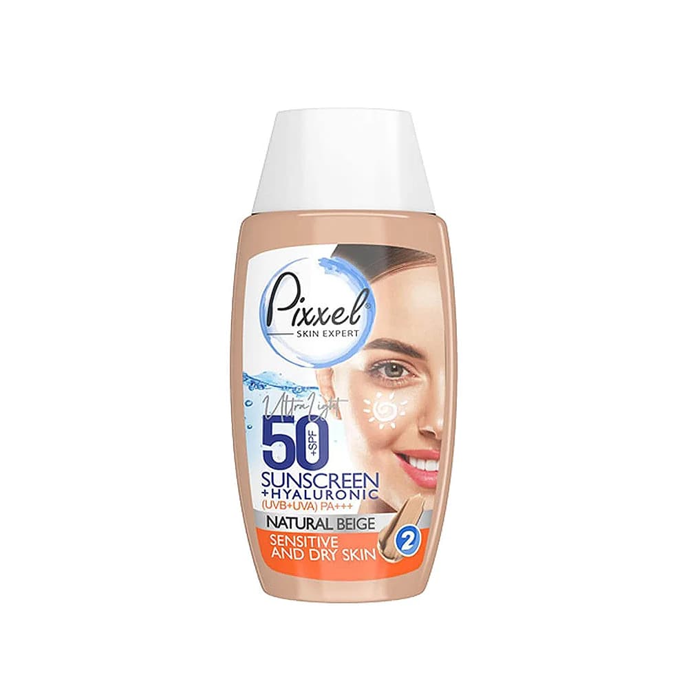 کرم ضد آفتاب رنگ بژ طبیعی مناسب پوست های خشک تا نرمال و حساس با SPF 50 پیکسل