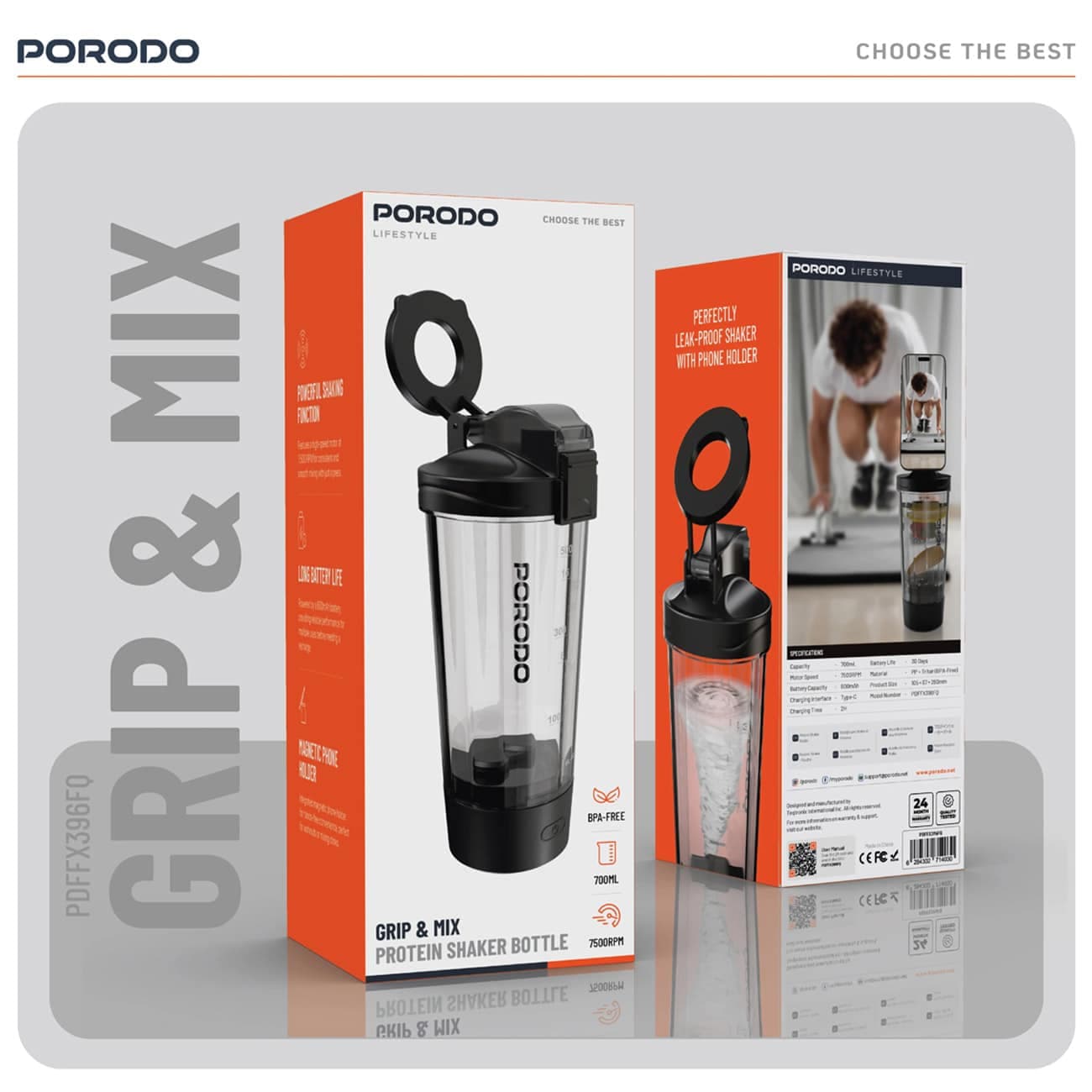 شیکر پورودو Porodo مدل PDFFX396 ظرفیت 700ml با هولدر — تصویر ۴